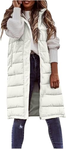 Suncadmious Damen Lange Weste ärmel los leichte Puffer Jacke verpackbar Kapuzen Mantel Stepp Weste mit Kapuze Winter (Weiß,S) von Suncadmious
