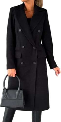 Suncadmious Damen Langer Mantel Zweireihiger Trenchcoat Herbst Winter Kleidung (schwarz,S) von Suncadmious