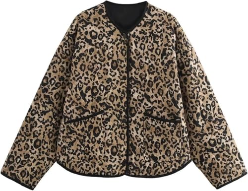 Suncadmious Damen Leoparden-Steppjacke Bedruckt übergroßes Revers leichte Kurzjacke Button-Down-Mantel leichte Plüsch-Strickjacke mit Taschen (Braun,S) von Suncadmious