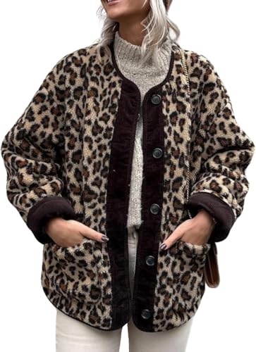 Suncadmious Damen Leopardenmuster Print Fleecejacke Langarm Button Down Jacken Herbst Tops mit Taschen (Kaffee,L) von Suncadmious