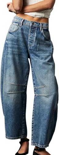 Suncadmious Damen Lose Fass Jeans Weite Bein Mid Rise Barrel Jeans Knöchel Y2k Baggy Boyfriend Jeans mit Taschen hohe Taille Weite Bein Vintage Jeans (Dunkelblau,M) von Suncadmious