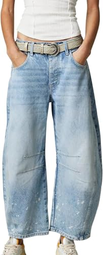 Suncadmious Damen Lose Fass Jeans Weite Bein Mid Rise Barrel Jeans Knöchel Y2k Baggy Boyfriend Jeans mit Taschen hohe Taille Weite Bein Vintage Jeans (Hellblau,L) von Suncadmious