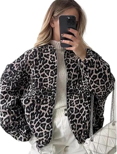 Suncadmious Damen Mantel mit Leopardenmuster 2024 Herbst Winter Reißverschluss Kordelzug Jacke Langarm Bequeme Casual Basic Revers Reißverschluss Jacke (Leopardenmuster,M) von Suncadmious