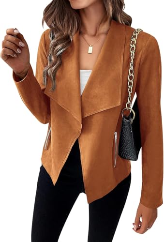 Suncadmious Damen Mode Faux Wildleder Jacke Herbst Winter Lässig Langarm Offene Front Bomber Schnitt Mantel Oberbekleidung (Braun,L) von Suncadmious