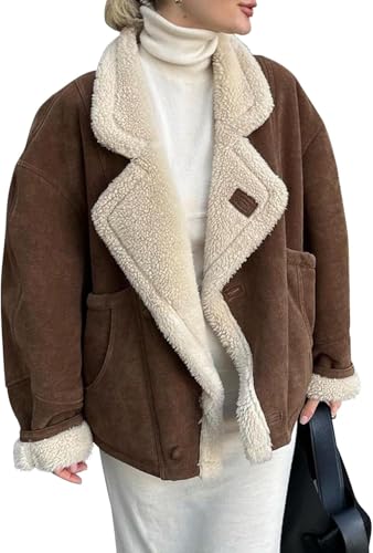 Suncadmious Damen Oversized Sherpa gefüttert Shearling Jacke Winter Mode Fleece dicken Mantel (Braun,S) von Suncadmious