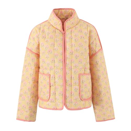 Suncadmious Damen Puffer Steppjacke Leichter Blumendruck Button Down Langarm Patchwork Outwear Mäntel (Gelb,M) von Suncadmious