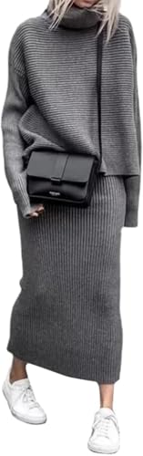 Suncadmious Damen Rollkragen 2 Stück Outfits Rippenstrickpullover Midi Bleistiftrock Set (grau,M) von Suncadmious