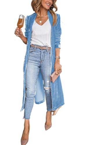 Suncadmious Damen Samt Blazer Jacken lang Samt Duster Kimono Mantel vorne offen Velour Vintage Pullover (Blau,M) von Suncadmious