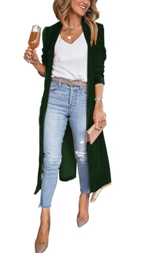 Suncadmious Damen Samt Blazer Jacken lang Samt Duster Kimono Mantel vorne offen Velour Vintage Pullover (Grün,M) von Suncadmious