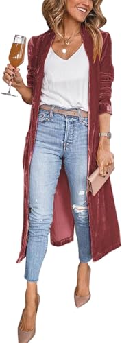 Suncadmious Damen Samt Blazer Jacken lang Samt Duster Kimono Mantel vorne offen Velour Vintage Pullover (Rot,M) von Suncadmious