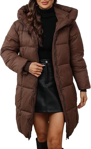 Suncadmious Damen Schlank Weich Elegant Bequem Mit Kapuze Steppmantel Winter Warm Lang Daunenjacke Winddicht Daunenjacke Schneejacke (Braun,L) von Suncadmious