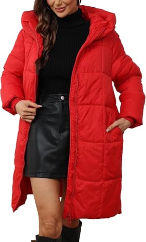 Suncadmious Damen Schlank Weich Elegant Bequem Mit Kapuze Steppmantel Winter Warm Lang Daunenjacke Winddicht Daunenjacke Schneejacke (Rot,3XL) von Suncadmious