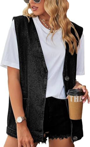 Suncadmious Damen Sommer lockerer Jeansweste übergroße ärmellose Jeansweste lässige Schnalle mit Tasche Denimweste in großen Größen Streetwear (Schwarz,XXL) von Suncadmious