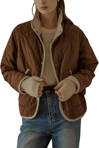 Suncadmious Damen Steppjacke Button Down Pufferjacke Leichte Mäntel Gepolsterte Outwear mit Taschen (Kaffee,S) von Suncadmious