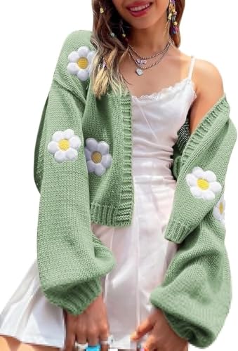 Suncadmious Damen-Strickjacke mit Blumenmuster und Langen Ärmeln Vantage übergroßer grober Blumenpullover langärmliger V-Ausschnitt gehäkelter Kurzstrickpullover (Grün,M) von Suncadmious