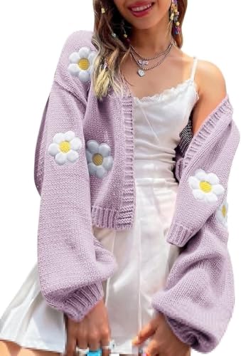 Suncadmious Damen-Strickjacke mit Blumenmuster und Langen Ärmeln Vantage übergroßer grober Blumenpullover langärmliger V-Ausschnitt gehäkelter Kurzstrickpullover (Lila,S) von Suncadmious