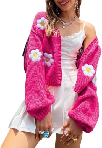 Suncadmious Damen-Strickjacke mit Blumenmuster und Langen Ärmeln Vantage übergroßer grober Blumenpullover langärmliger V-Ausschnitt gehäkelter Kurzstrickpullover (Rose,M) von Suncadmious