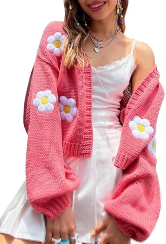 Suncadmious Damen-Strickjacke mit Blumenmuster und Langen Ärmeln Vantage übergroßer grober Blumenpullover langärmliger V-Ausschnitt gehäkelter Kurzstrickpullover (Rot,M) von Suncadmious