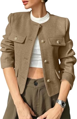 Suncadmious Damen Tweed Blazer Kragenlos Knopf mit Taschen Business Casual Lässiger Business Tweed Rundkragen Jacke Büro Blazer (Braun,M) von Suncadmious