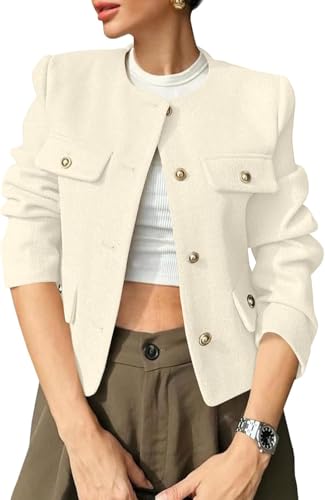 Suncadmious Damen Tweed Blazer Kragenlos Knopf mit Taschen Business Casual Lässiger Business Tweed Rundkragen Jacke Büro Blazer (Mandel,L) von Suncadmious