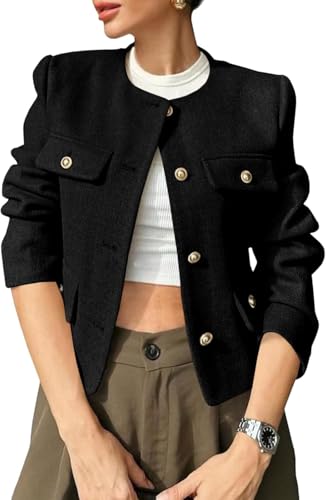 Suncadmious Damen Tweed Blazer Kragenlos Knopf mit Taschen Business Casual Lässiger Business Tweed Rundkragen Jacke Büro Blazer (Schwarz,L) von Suncadmious