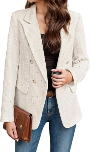Suncadmious Damen Tweed Blazer Lässig Langarm Revers Zweireihige Jacke Elegante Business Office Blazer Zweireihige Blazer Jacke (Mandel,L) von Suncadmious
