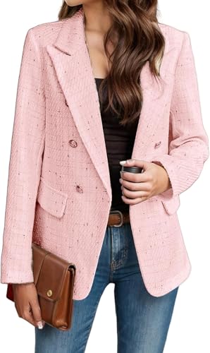 Suncadmious Damen Tweed Blazer Lässig Langarm Revers Zweireihige Jacke Elegante Business Office Blazer Zweireihige Blazer Jacke (Rosa,M) von Suncadmious