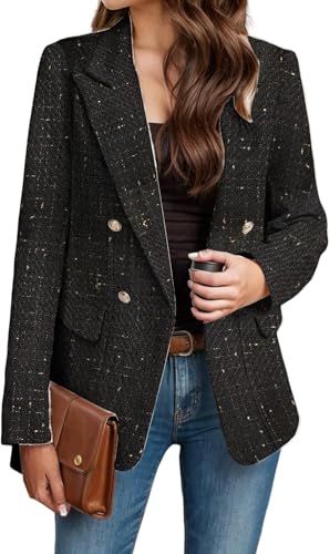 Suncadmious Damen Tweed Blazer Lässig Langarm Revers Zweireihige Jacke Elegante Business Office Blazer Zweireihige Blazer Jacke (Schwarz 2,M) von Suncadmious