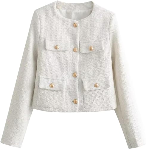 Suncadmious Damen Tweed Jacke Arbeit Business Casual Tweed Blazer Kragenlos Langarm Krawatte Knopf Büro Business Blazer Tasche Jacke (Weiß,M) von Suncadmious