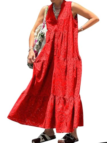 Suncadmious Damen V-Ausschnitt Ärmellos Spitze Spitze Öse Baumwollkleid Einfarbig Sexy Blumenstickerei Maxi Langes Geschichtetes Kleid Strand Party Set (Rot,L) von Suncadmious