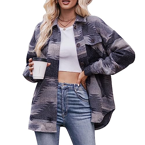 Suncadmious Damen Vintage Aztec Print Muster Lose Jacke Button Down Langarm Wolljacke Hemden Mantel (grau,M) von Suncadmious