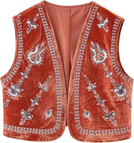 Suncadmious Damen Vintage Bestickte Weste Samt Blumen Boho Offene vorne geschnittene Cardigan-Westen (Rot,L) von Suncadmious