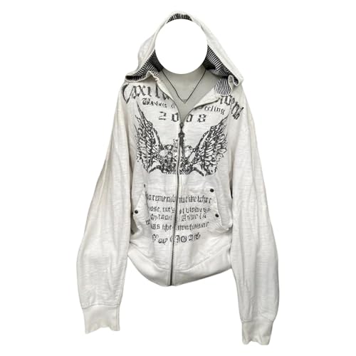 Suncadmious Damen Vintage-Kapuzenpullover mit Buchstabendruck übergroß Gothic-Muster der 2000er Langarmpullover mit Taschen lockerer Reißverschluss Sport-Kapuzenpullover (Grau,S) von Suncadmious