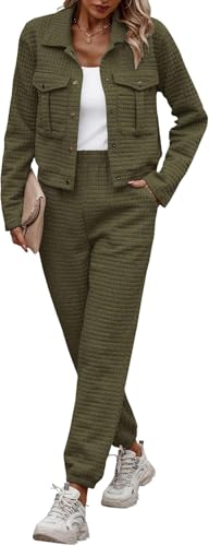 Suncadmious Damen Winter 2 Stück Outfit Trainingsanzug Langarm Button Down Jacke Taschen Lange Hosen Casual Set (Grün,L) von Suncadmious