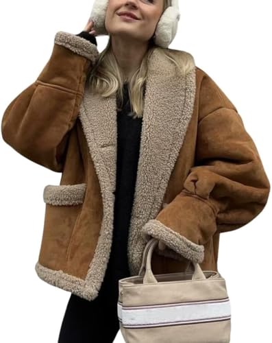 Suncadmious Damen Winter Casual Faux Wildleder Jacke Button Down Fuzzy Sherpa gefüttert Jacke Mantel (Kaffee,M) von Suncadmious