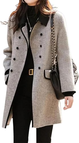 Suncadmious Damen Winter Einfarbig Revers Verdickter Warmer Knopfmantel Winter Klassisch Mit Taschen Einreihiger Mantel Mittellang Business Büro Jacke (Grau,L) von Suncadmious