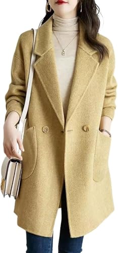Suncadmious Damen Winter Formale Büro Zweireihige Anzugjacke Herbst und Winter Reversjacke Business Casual Mittellange Jacke Verdickter Freizeitmantel (Gelb,L) von Suncadmious