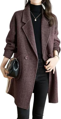 Suncadmious Damen Winter Formale Büro Zweireihige Anzugjacke Herbst und Winter Reversjacke Business Casual Mittellange Jacke Verdickter Freizeitmantel (Kaffee,L) von Suncadmious