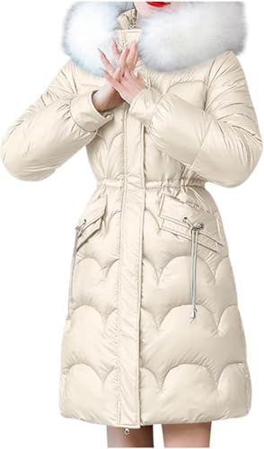 Suncadmious Damen Winter Lang Steppmantel Verdickt Warm Schlank Daunenmantel Reine Farbe Reißverschluss Großer Haarkragen Kapuzenparka Lang Steppmantel (Weiß,XL) von Suncadmious