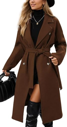 Suncadmious Damen Winter Langer Tweedmantel Anzug Revers Zweireihiger Peacoat Winddicht Warm Klassischer Zweireihiger Wintermantel Trenchcoat mit Gürtel (Braun,S) von Suncadmious