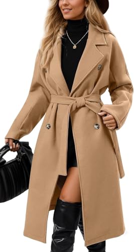 Suncadmious Damen Winter Langer Tweedmantel Anzug Revers Zweireihiger Peacoat Winddicht Warm Klassischer Zweireihiger Wintermantel Trenchcoat mit Gürtel (Mandel,M) von Suncadmious