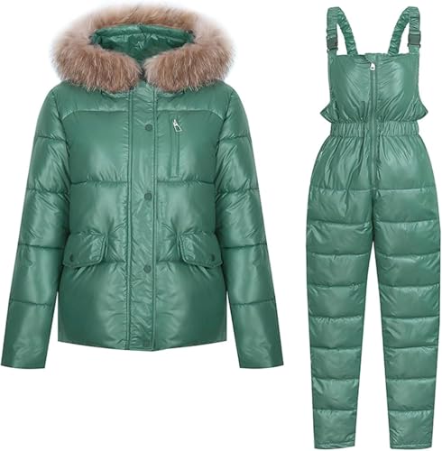 Suncadmious Damen Winter-Schneeanzug mit Kapuze Daunenjacke + Jumpsuit Regenmantel wasserdicht Outdoor-Schneeanzug komplette Skibekleidung körperformende Sportbekleidung (Grün,XXL) von Suncadmious