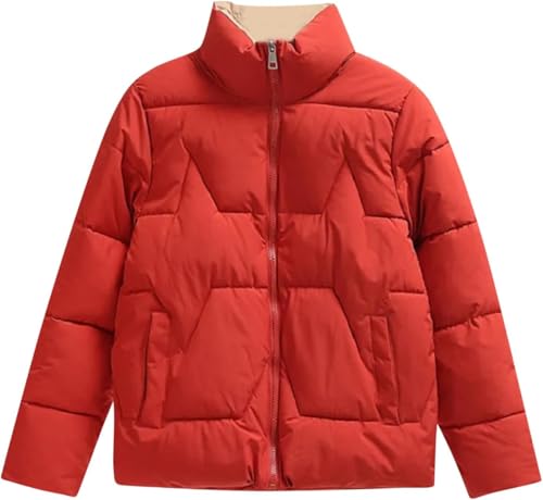 Suncadmious Damen Winter Stehkragen Reißverschluss Warme Verdickte Daunenjacke Langarm Reißverschluss Wind- und Schneejacke Taschen Lockere Kurze Daunenjacke (Rot,4XL) von Suncadmious