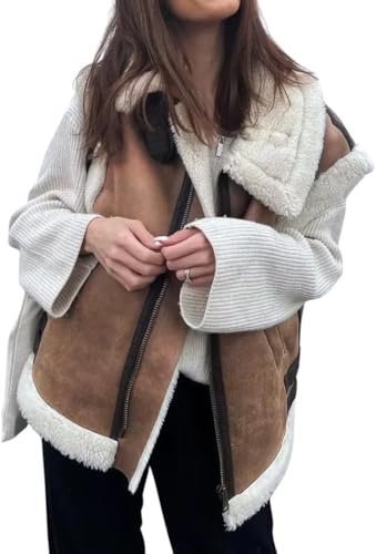 Suncadmious Damen Winter Warm Wildleder Sherpa Leder Weste Jacke Zip Up Ärmellos Lammwolle Pelz Mantel mit Taschen (Braun,S) von Suncadmious