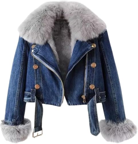 Suncadmious Damen Winter Warme Kurze Jeansjacke Verdickter Pelz Sherpa Fleece Gefütterter Mantel Warme Trucker Jacke mit Taschen Mantel (Dunkelblau,S) von Suncadmious