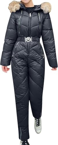 Suncadmious Damen Winter Warmer Einteiliger Skianzug Schmaler Verdickter Warmer Schneeanzug Mit Kapuze Overall Zweiteiliger Overall Warmer Schnee Integral Fleece Outdoor Skianzug (Dunkel Grau,M) von Suncadmious