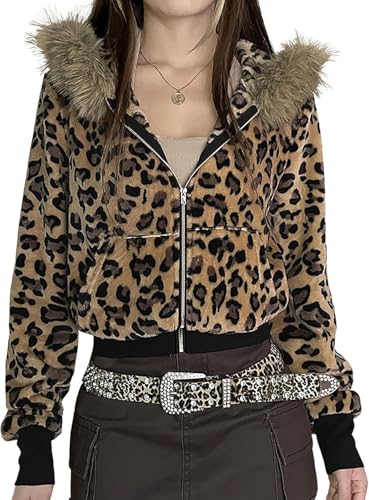 Suncadmious Damen Y2k Vintage Slim Langarm Zipper Leopard Print Hoodie Zipper Hoodie 2000s Vintage Streetwear Oversized Leopard Print Hoodie (Braun,S) von Suncadmious
