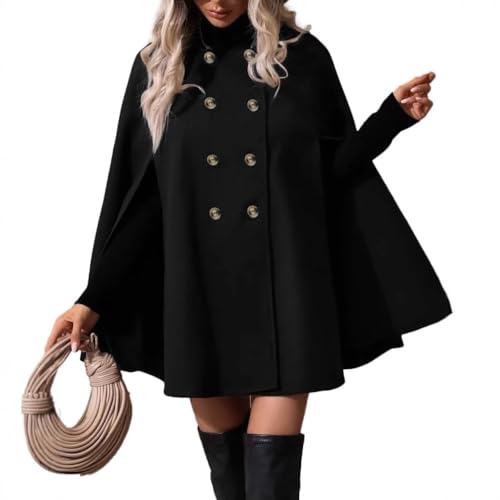 Suncadmious Damen Zweireiher Poncho Reverskragen Knopf Umhang Cape Mantel mit Taschen (schwarz,XXL) von Suncadmious