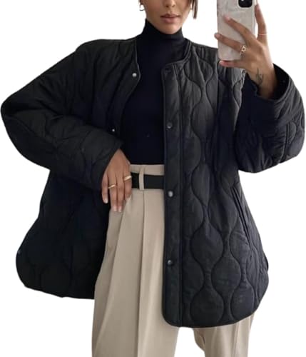 Suncadmious Damen gesteppt Reißverschluss gepolsterte Jacke Mantel lose Diamond Plaid Baumwolle Rundhalsausschnitt Button Down Jacke leicht gepolstert Wintermantel mit Taschen (Schwarz,L) von Suncadmious