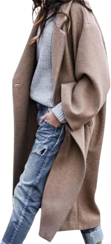 Suncadmious Damen lässig gekerbt Revers einreihig Arbeit Büro Wolle Trenchcoat Erbse (Khaki,S) von Suncadmious